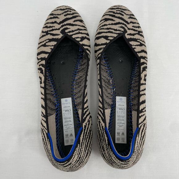 Rothy’s The Flat in Black Zebra Neutral Tapue Tan Printed Sustainable Flats 6.5 - Picture 10 of 15